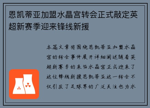 恩凯蒂亚加盟水晶宫转会正式敲定英超新赛季迎来锋线新援 恩凯蒂亚加盟水晶宫转会正式敲定英超新赛季迎来锋线新援